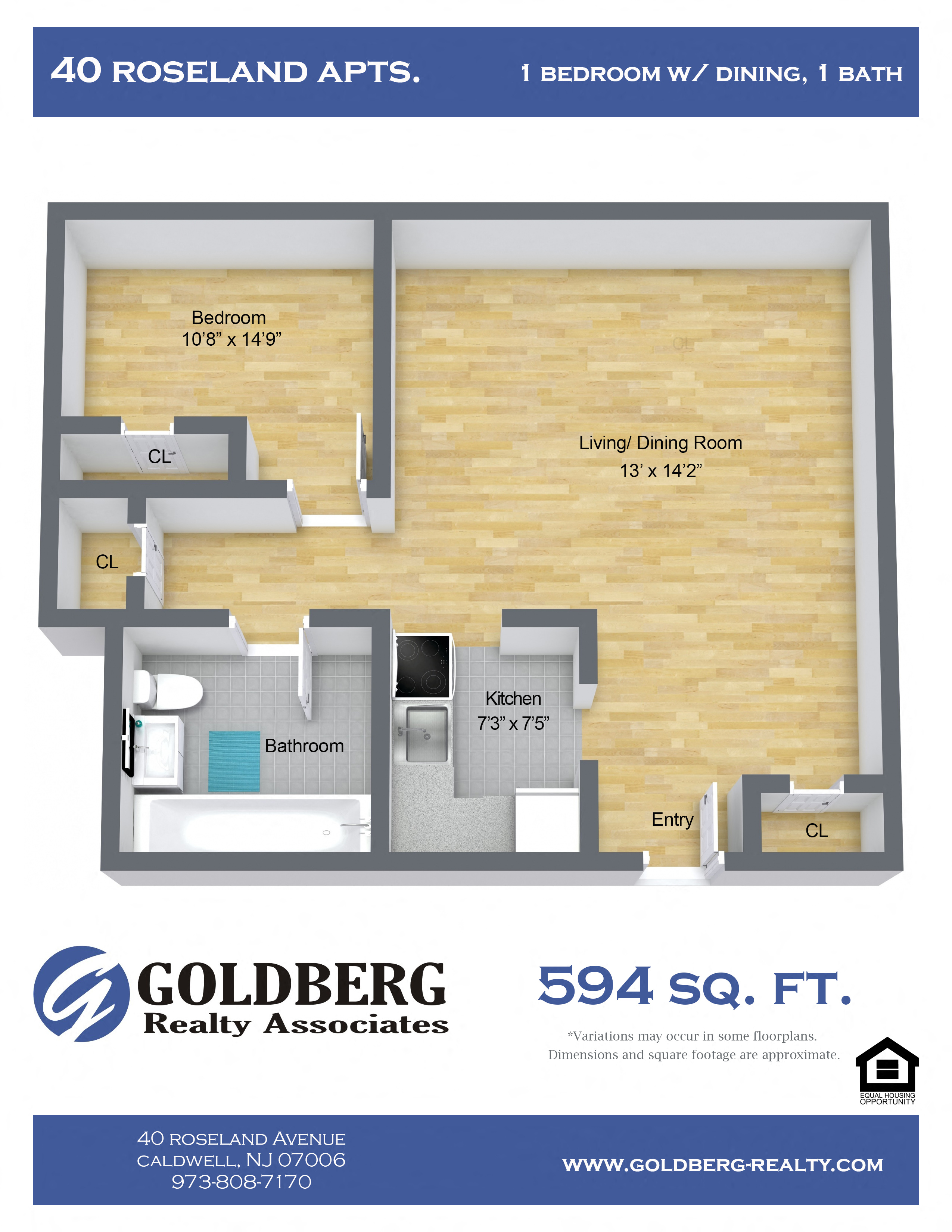 Floor plan for 1 bed, 1 bath, 594 sqft